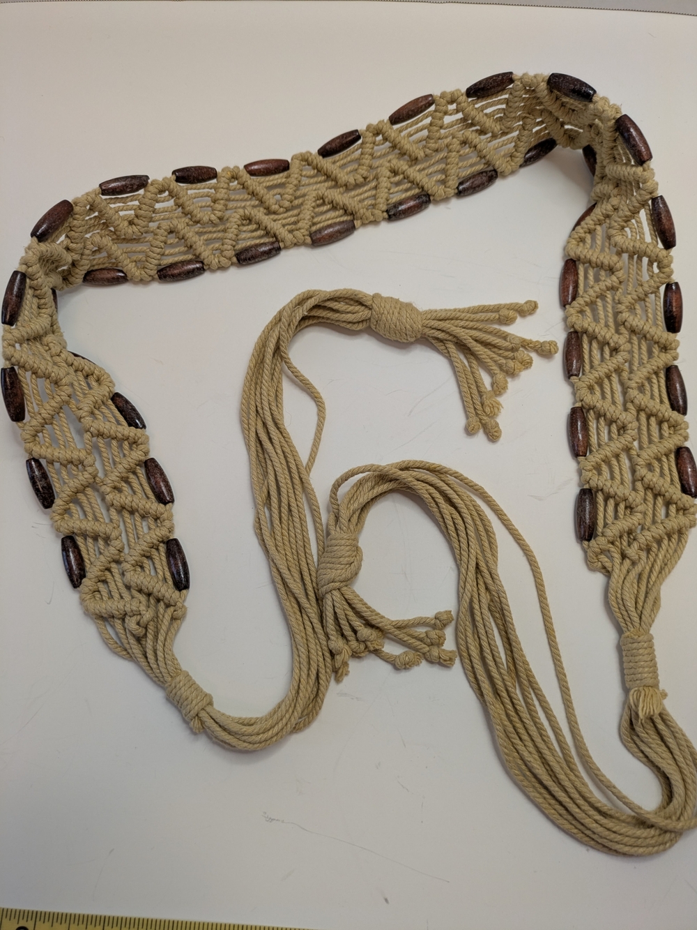 Beige Macramé Belt with Dark Wooden Beads